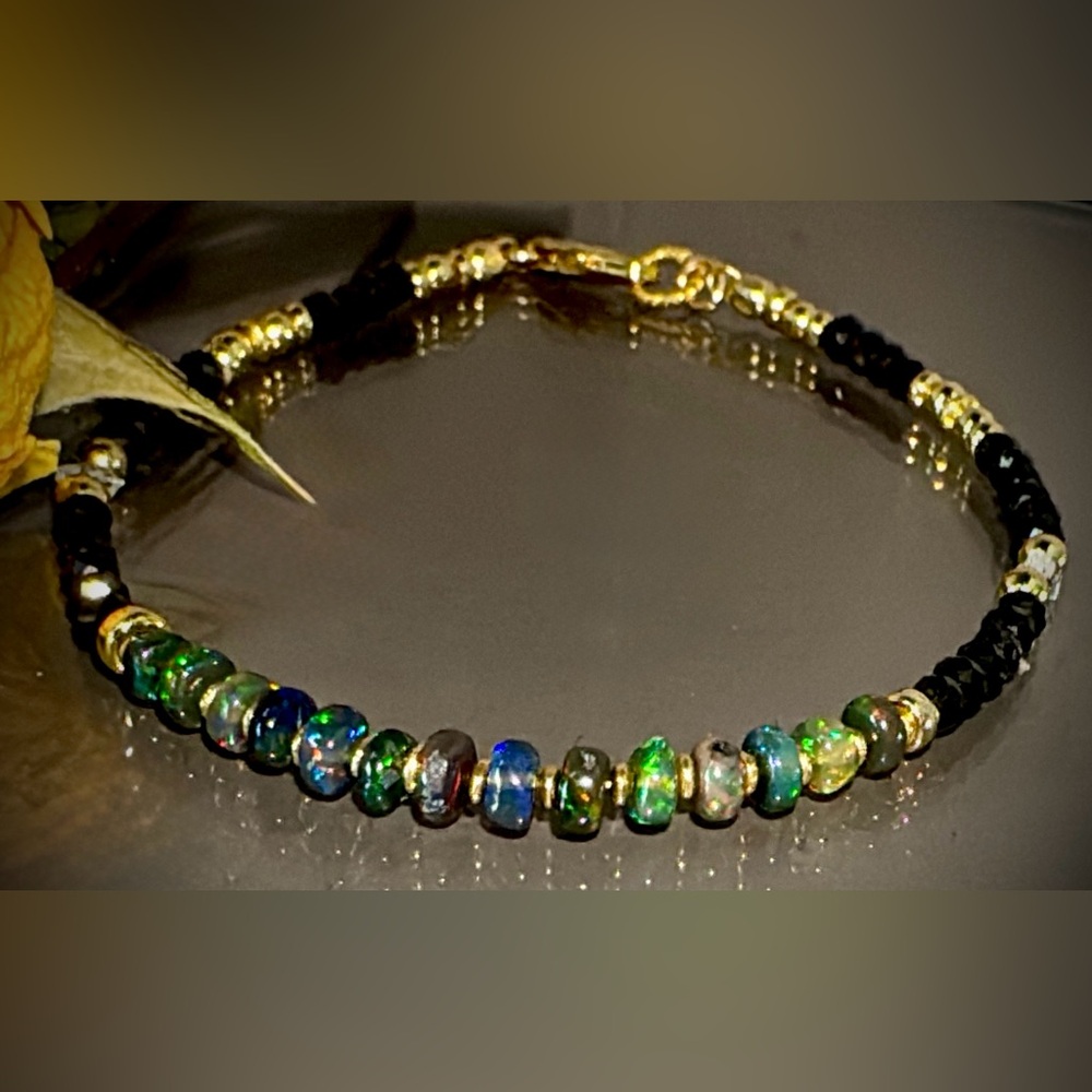 Black Welo Opal •Black Faceted Spinel• 14kt Gold Vermeil Gemstone Bracelet